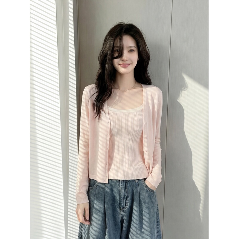 Pink Mesh Vest with Non-Removable Chest Pads and Linen Cardigan Two-Piece Set for Women, New Summer Style Layered Sun Protection Suit