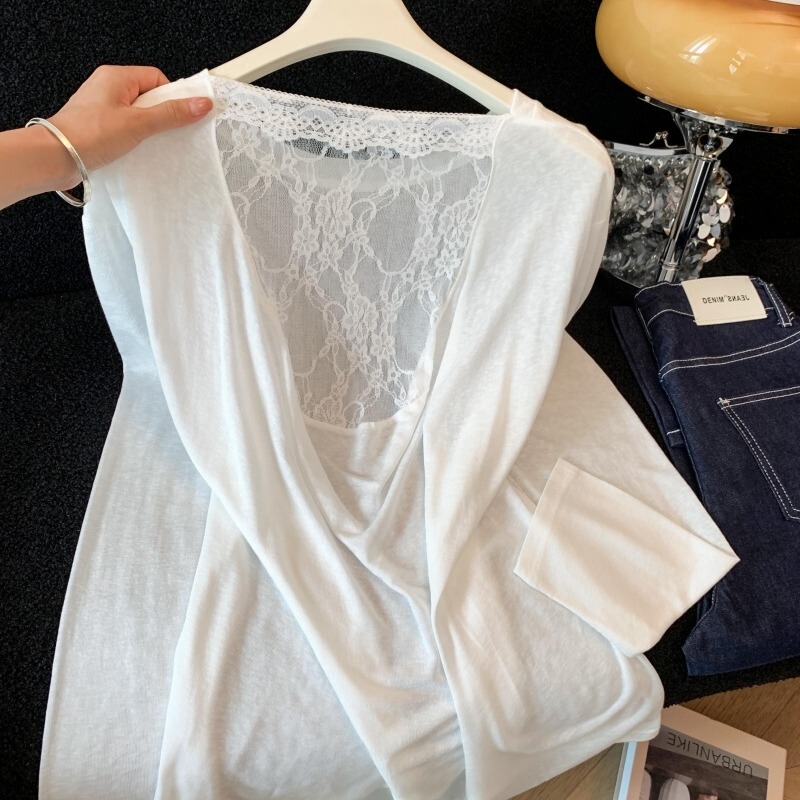 Gorgeous Backless Lace Patchwork Long-Sleeve T-Shirt for Women, Summer Vacation Wear, Reversible, Sun-Protective, Sexy Sheer Top