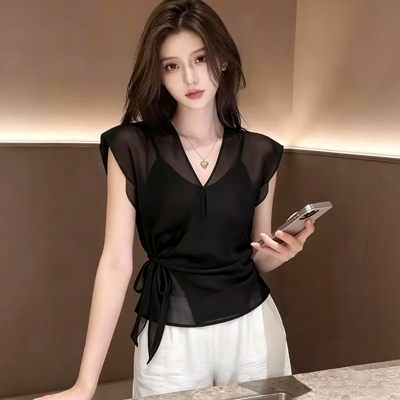 High-End Black V-Neck Slightly Sheer Chiffon Shirt for Women, 2026 Summer New Style, Tie-Waist Slimming Top That Can Be Worn Alone