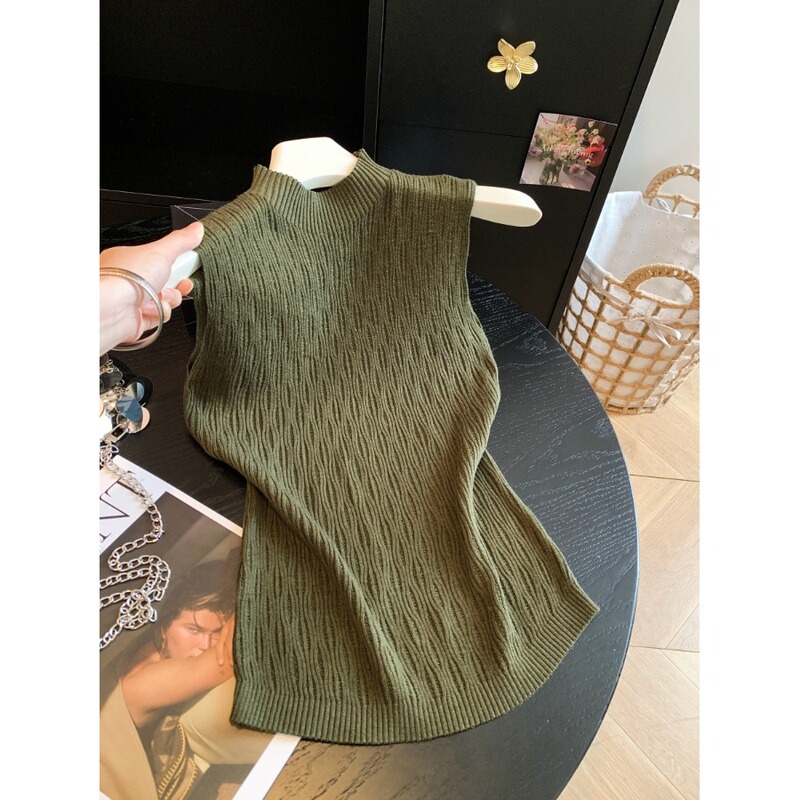 Green Retro Half-High Collar Textured Sleeveless Knitted Vest for Women Early Autumn New Slimming Versatile Stretchy Off-Shoulder Top Green Retro Half-High Collar Textured Sleeveless Knitted Vest for Women Early Autumn New Slimming Versatile Stretchy Off-Shoulder Top