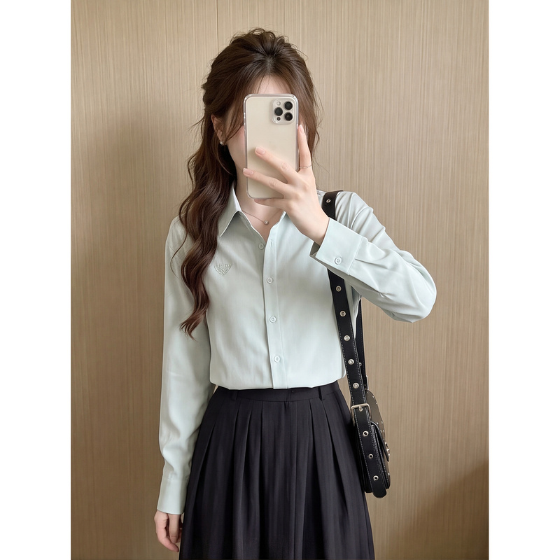 Korean-Style Lapel Long-Sleeve Shirt for Women, Autumn Simple Loose Embroidered Elegant Versatile Fashion Blouse Top Korean-Style Lapel Long-Sleeve Shirt for Women, Autumn Simple Loose Embroidered Elegant Versatile Fashion Blouse Top