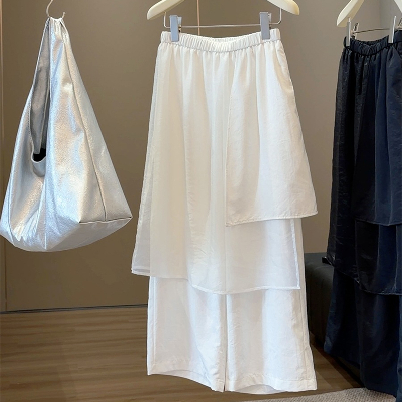 Irregular Mesh Patchwork Culottes for Women, Summer Fake Two-Piece Eight-Point Straight-Leg Mid-Length Pants, Petite White Skirt Pants Irregular Mesh Patchwork Culottes for Women, Summer Fake Two-Piece Eight-Point Straight-Leg Mid-Length Pants, Petite White Skirt Pants