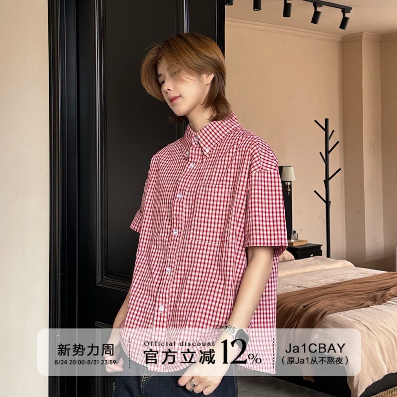 Ja1 Never Stays up Late American-Style Red Plaid Pure Cotton Short-Sleeved Shirt for Men and Women Couple Shirts Loose Casual Tops