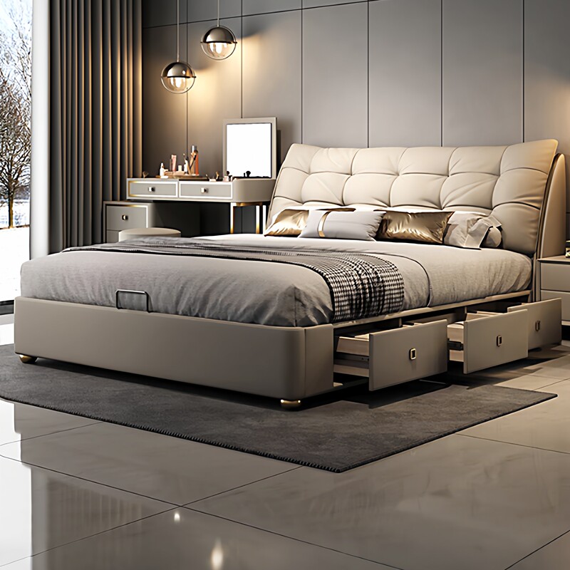 Genuine Leather Bed, Modern and Simple, 2m Master Bedroom, Light Luxury Style, Double Bed with Full Sides, 2.2m Storage, New Wedding Bed Genuine Leather Bed, Modern and Simple, 2m Master Bedroom, Light Luxury Style, Double Bed with Full Sides, 2.2m Storage, New Wedding Bed