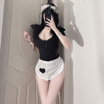 Sexy ຫວານ maid ປຸ່ມຈີນ backless cosplay ພາລະບົດບາດຫຼິ້ນ maid ເອກະພາບຫນຶ່ງສິ້ນບ່ອນມີແດດມ່ວນ qqny