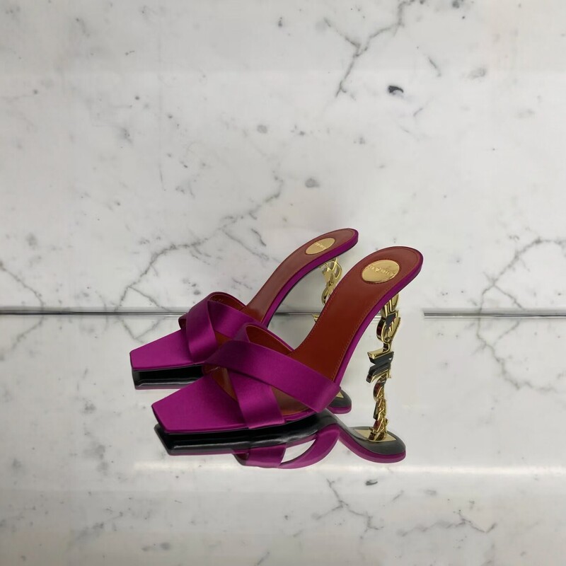 2026 New Style Rose Red Satin Cross-Strap Metal Letter Heel Square Toe High-Heeled Sandals for Women with Stiletto Heel and Open Toe Fashion