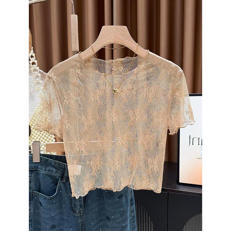 Sexy Thin Lace Short-Sleeved Bottoming Shirt for Women, Summer Mesh See-Through Hollow Shirt, Suspender Skirt, Layered Top