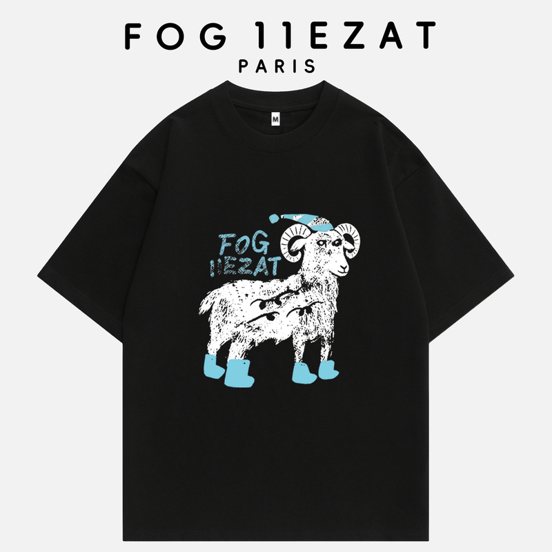 Fog 11Ezat Co-Branded Trendy Brand 2026 Summer New Round Neck Short-Sleeved Loose T-Shirt with Lamb Pattern Top for Men and Women