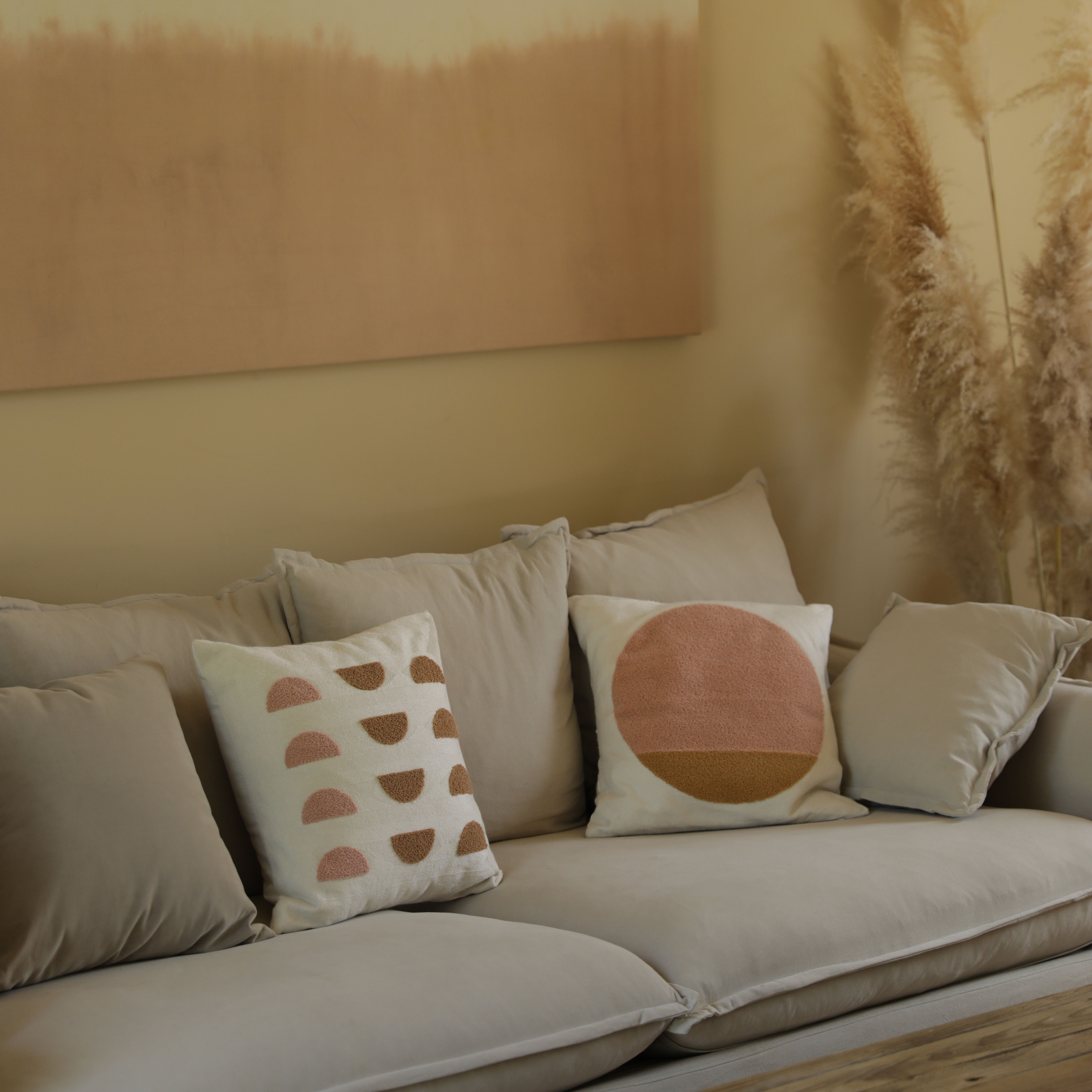 Towel embroidered pillowcase without core round color block series powder Brown simple Nordic style original design into the cloud House