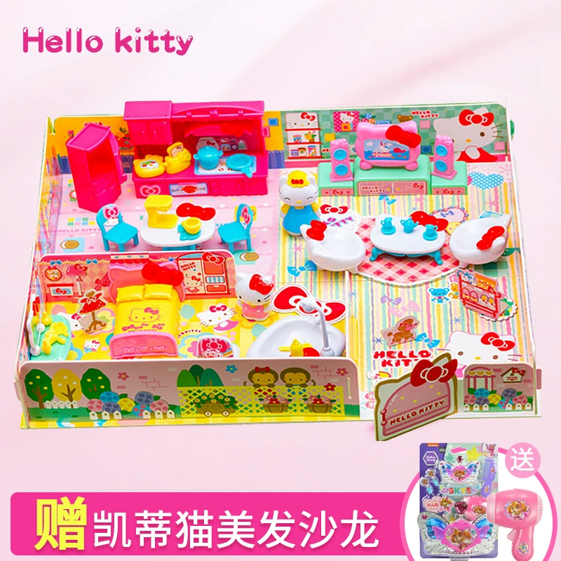 Xin chào Hello Kitty Đồ chơi Hello Kitty Cô gái trẻ chơi Nhà KT Cat Doll House House Home Set - Đồ chơi gia đình