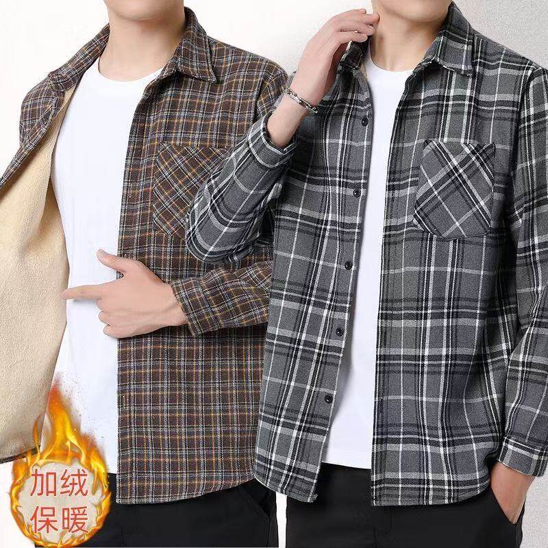 メンズ長袖フリース裏地付き厚手暖かアウターシャツ、一体型フリースシャツ、中高年および若年男性向けのカジュアルでファッショナブルなメンズシャツ。