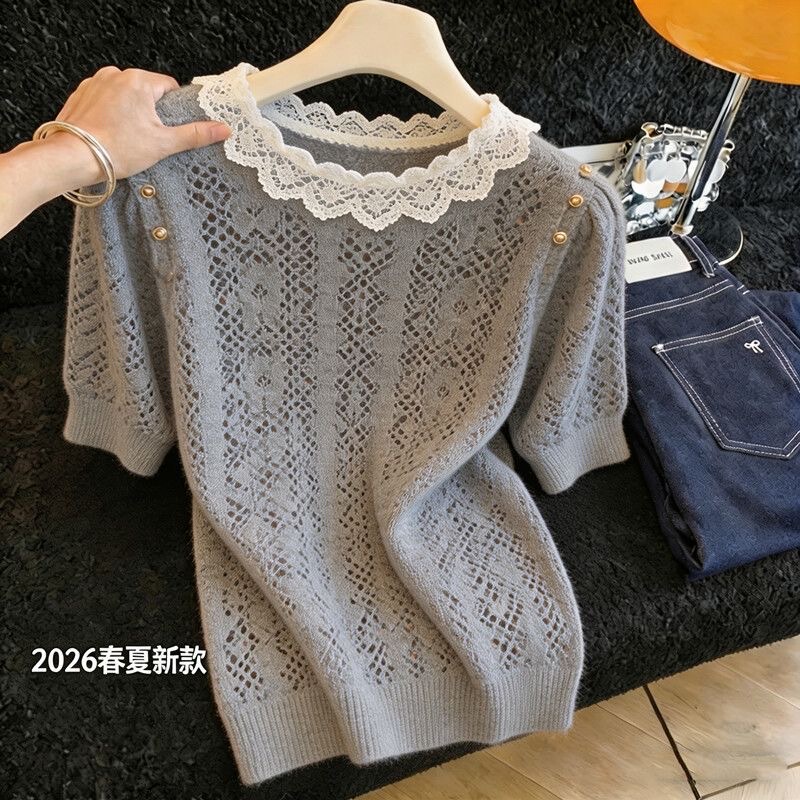 Fat mm Retro Chic Style Round Neck Short-Sleeved Knitwear for Women, New Summer Style, Super Nice Lace Slimming Top