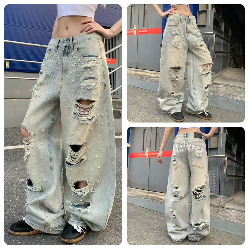 2026 Spring New Heavy-Duty Rhinestone Embellished Distressed Wide-Leg Jeans