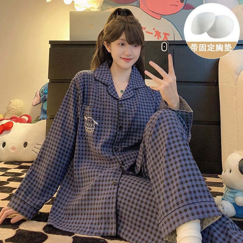 Pajamas with Breast Pads for Women, Spring and Autumn Long-Sleeved Set, Cloud Cotton, Plus Size, Large Size Plaid Loungewear