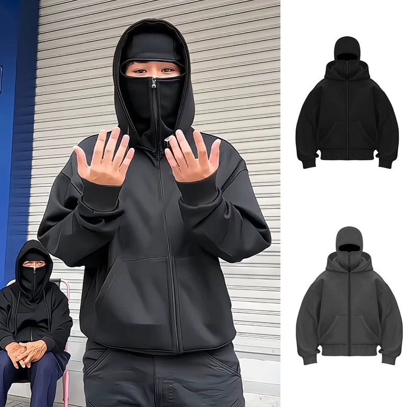 American-Style Balaclava Hooded Sweatshirt Zipper Cardigan Jacket for Men and Women, Fleece-Lined and Thickened, Double Hooded Bandit Hoodie for Winter American-Style Balaclava Hooded Sweatshirt Zipper Cardigan Jacket for Men and Women, Fleece-Lined and Thickened, Double Hooded Bandit Hoodie for Winter