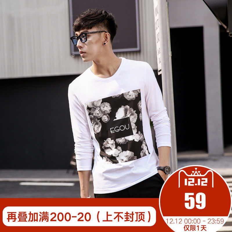 Egou易构秋冬新款男士T恤修身圆领长袖体恤青年男士印花T恤潮
