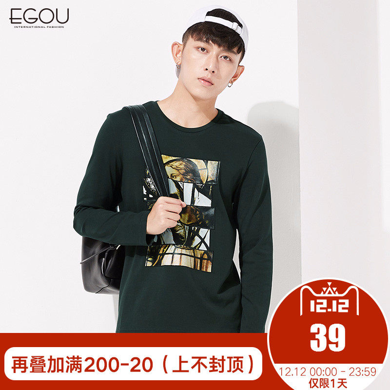 egou男装 2016秋冬新款圆领长袖T恤男修身学生休闲体恤潮