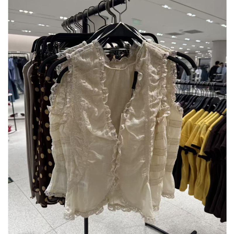 2026 Spring/Summer New Women's Fashion Hot Girl Style Semi-Transparent Sleeveless V-Neck Lace Trim Vest Shirt 3067036