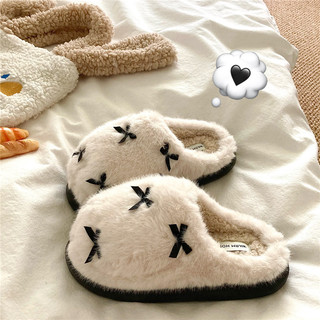 奶油泡芙~！巨厚实INS蝴蝶结少女心居家保暖毛毛拖鞋冬季棉拖鞋女