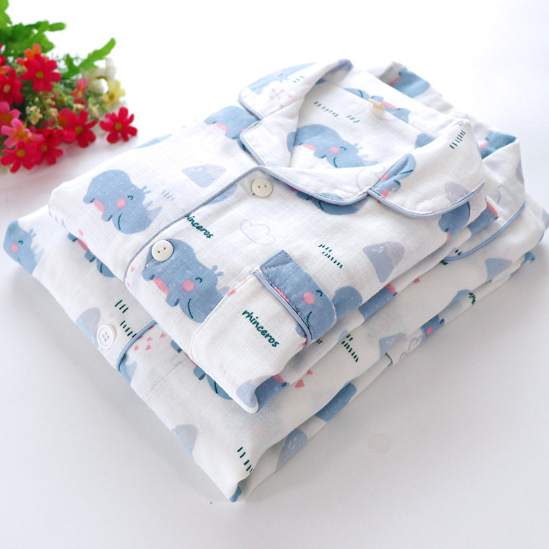 Early autumn rhino ladies parent-child pajamas long sleeve trousers set cotton double gauze lapel cardigan home jacket