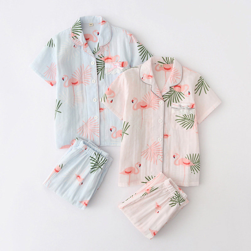 Mother and daughter's pajamas summer thin cotton short - sleeved trousers air conditioning suit for all - cotton double - deck yarn flamingos home suit