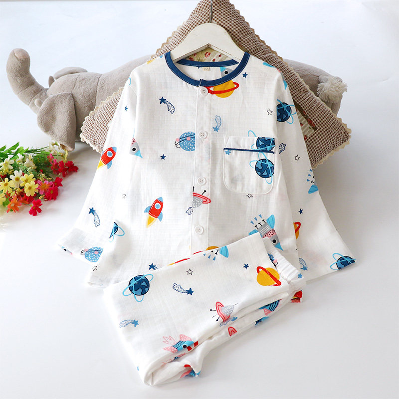Cotton gauze sweat-absorbing breathable spring and summer thin pajamas boy long-sleeved trousers suit cartoon collarless cardigan home service
