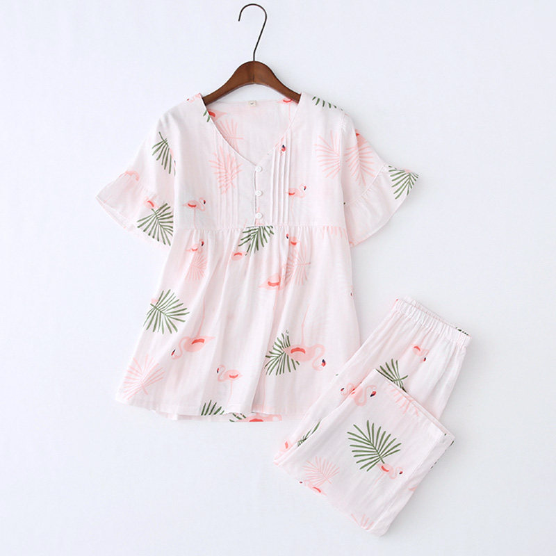 Summer ladies V collar short sleeves 50% Pants Pyjamas Pants Set Light And Soft Full Cotton Cotton Cloth Fresh Fire Birds home clothes