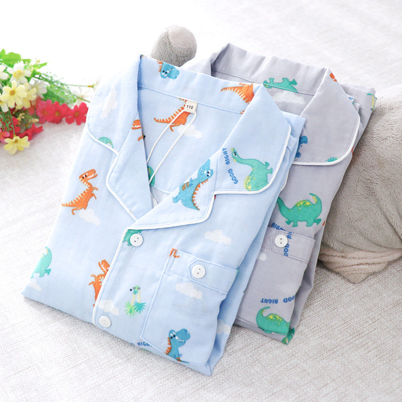 Small Dinosaur Boy Sleepwear Spring Summer Thin Section Full Cotton Double Layer Gauze Long Sleeve Long Pants Suit Children Summer Air Conditioning Suit