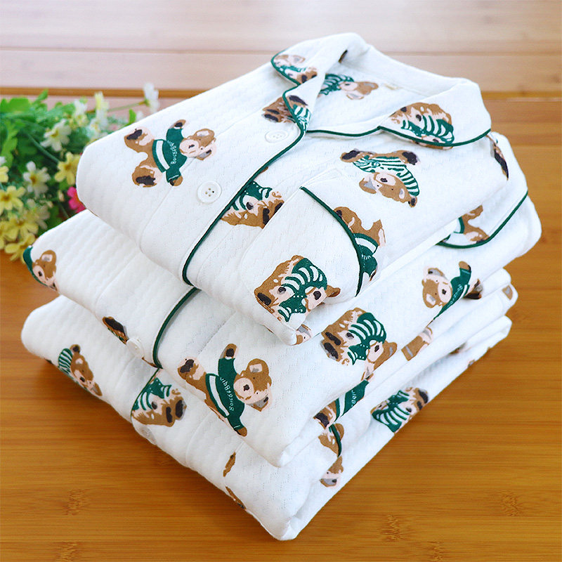Autumn and winter cotton air layer warm pajamas couple parent-child home service long-sleeved trousers suit cartoon bear cardigan