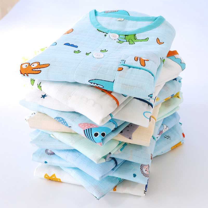 Pure cotton double gauze small dinosaur men's treasure Children's pajamas Spring and summer thin long-sleeved trousers collarless cardigan home clothes
