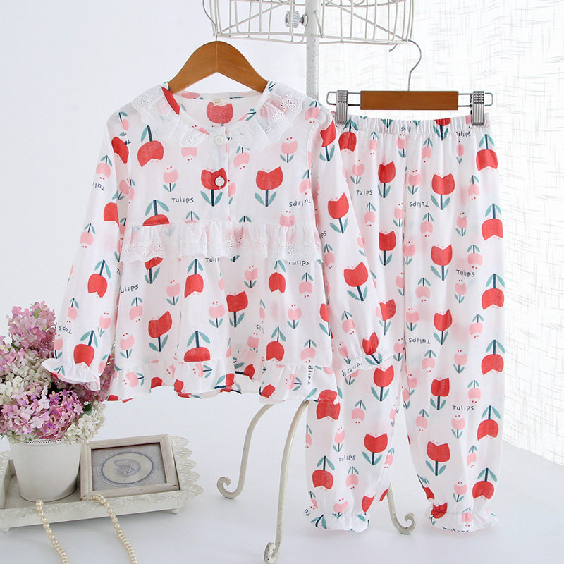 Tulip mother and daughter parent-child pajamas long-sleeved trousers suit Spring and summer thin cotton double-layer gauze home clothes