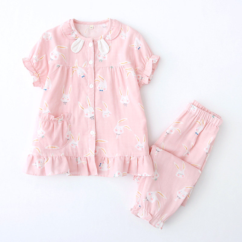 Summer short sleeves Long pants girl thin pyjamas soft and breathable full cotton gauze Cartoon Long Ear Rabbit Girl's Home Clothes