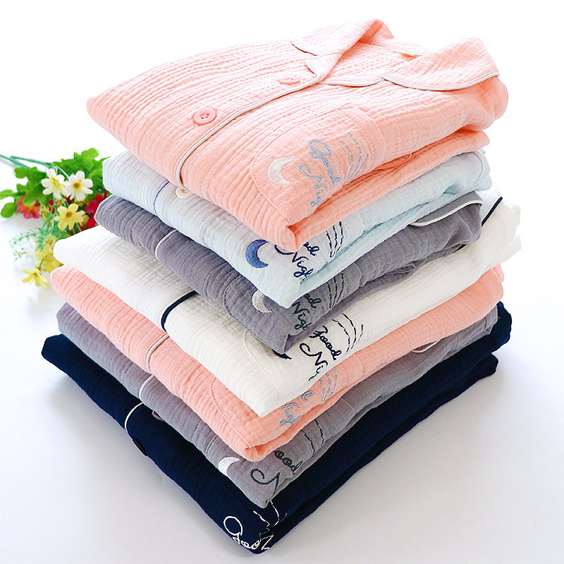 Spring and summer thin pure cotton crepe cloth gauze pro-submount pyjamas long sleeves long sleeves trousers suit pure color embroidered children's home clothes