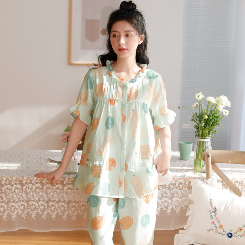 Summer slim sleepwear lady short sleeve long pants suit full cotton double layer yarn fresh pumpkin round neckline cardiovert