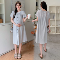 Maternity dress summer dress fashionable literary loose large size mid-length small women cotton linen striped summer dress