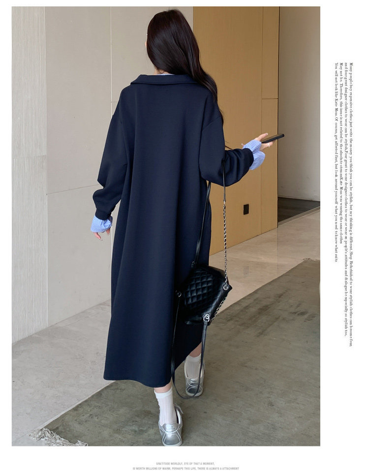 孕妇连衣裙2026秋装高级感孕期不显怀条纹拼接假两件翻领上班裙子 — 10