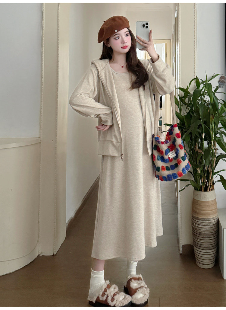 Maternity Suit Autumn Outfit 2026 New Style Loose Slimming Tank Dress Hooded Cardigan High-End Two-Piece Set for Pregnant Mothers — 14