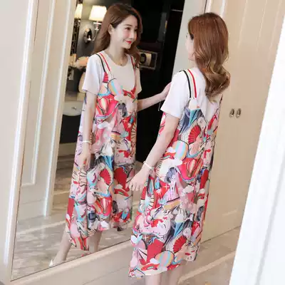 Pregnant women's suit summer chiffon medium and long version of the sundress out of fashion breastfeeding two-piece set pregnant women holding baby bag dress