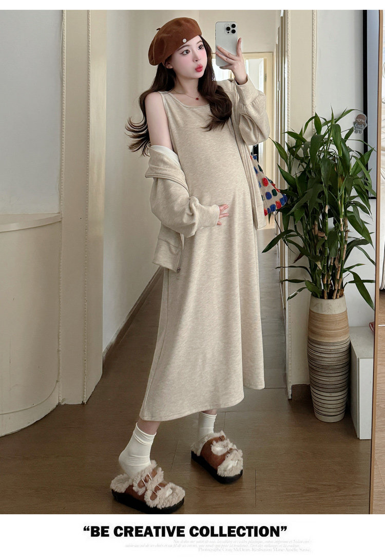 Maternity Suit Autumn Outfit 2026 New Style Loose Slimming Tank Dress Hooded Cardigan High-End Two-Piece Set for Pregnant Mothers — 11