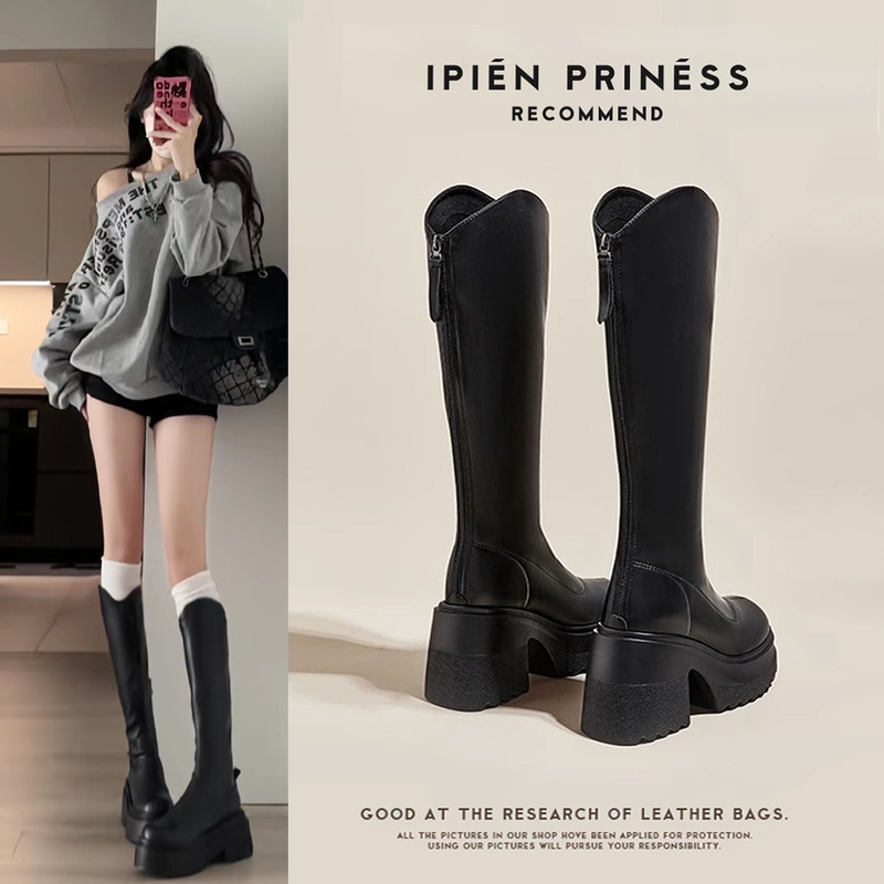 10cm High-Heeled Long Boots for Women, 2025 Autumn and Winter New Style, Height-Increasing Long Boots for Petite Women, Thick-Soled Slimming High-Tube Riding Boots