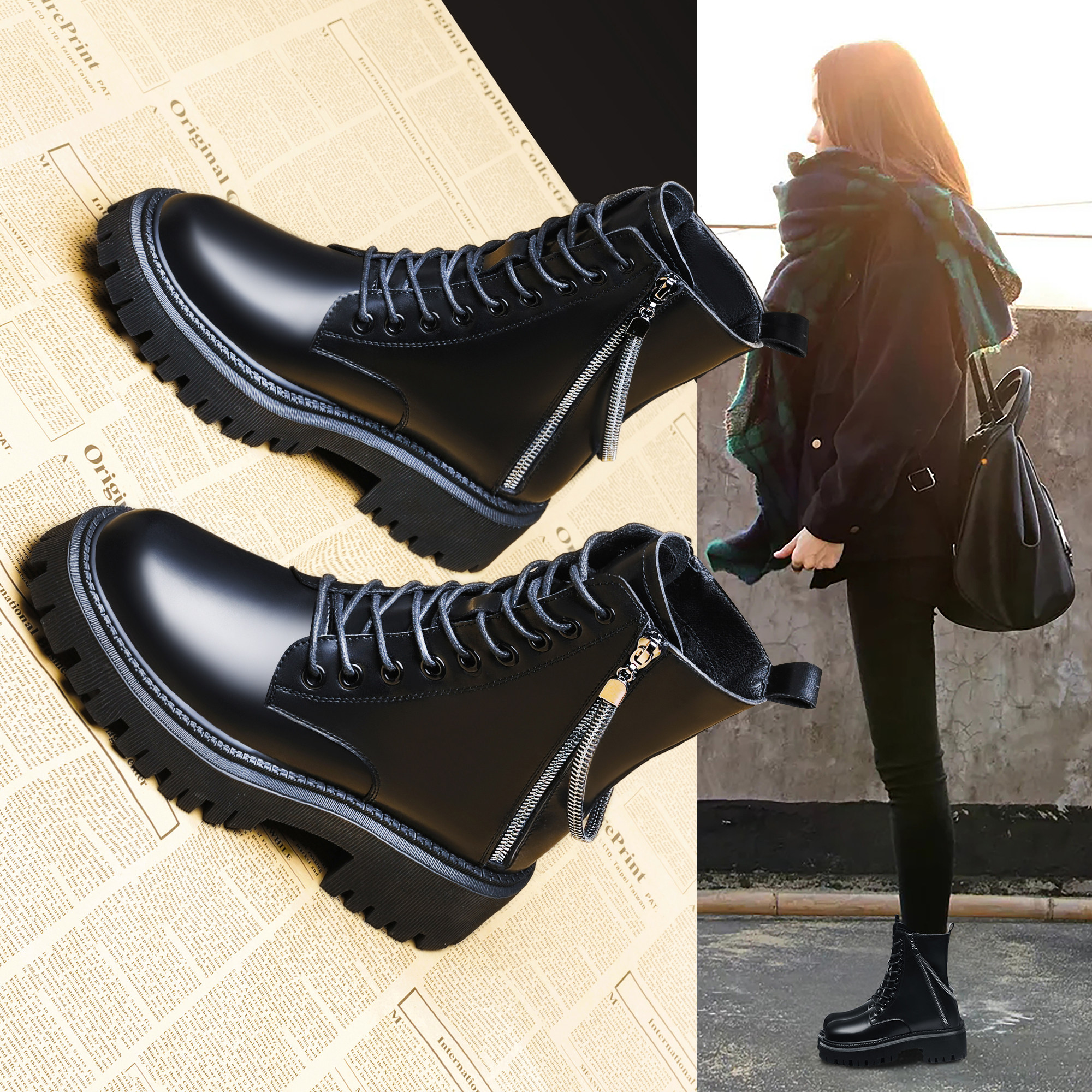 Leather Martin boots women's British style autumn 2022 new all-match inner height increased 8cm small skinny short boots