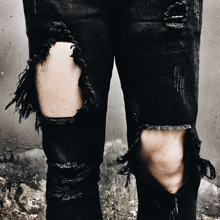 欧美高街个性摇滚小脚修身街头膝盖大破洞牛仔裤休闲黑色乞丐裤男