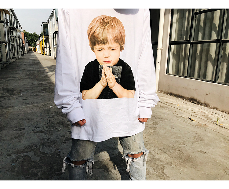 Châu Âu và Hoa Kỳ đường phố hip-hop đường dài oversize đoạn dài chạm đáy áo sơ mi nam và nữ áo thun dài tay cổ tròn BF áo thun đen nam