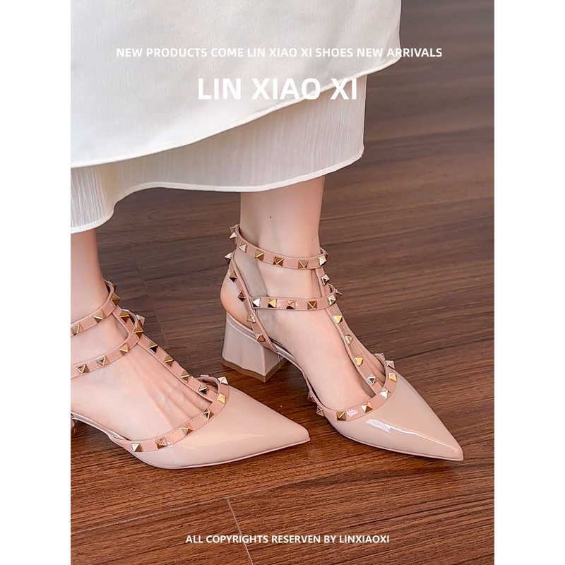 Nude High-Heeled Shoes for Women, French-Style Chunky Heel, Pointed Toe, Studded, Closed-Toe Sandals, Mid-Heel, New Spring/Summer Style, Suitable for Pairing with Skirts