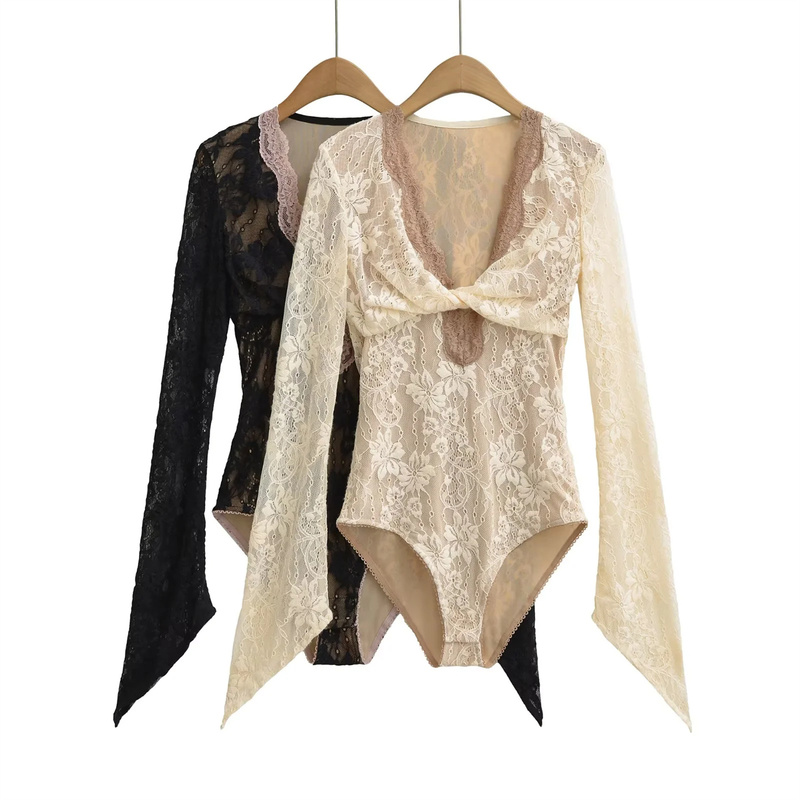Double-Layered Embossed Twisted Lace Long-Sleeve Bodysuit for Women, Spring and Autumn Design, Slim-Fitting, Sexy, Crotchless Base Shirt Top
