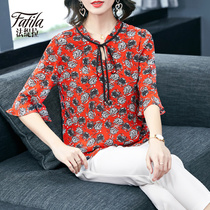 Red printed Hangzhou Heavy Genuine Silk Shirt Woman Middle Sleeve Floating With Mulberry Silk Blouse Fashion 2020 New Spring Summer