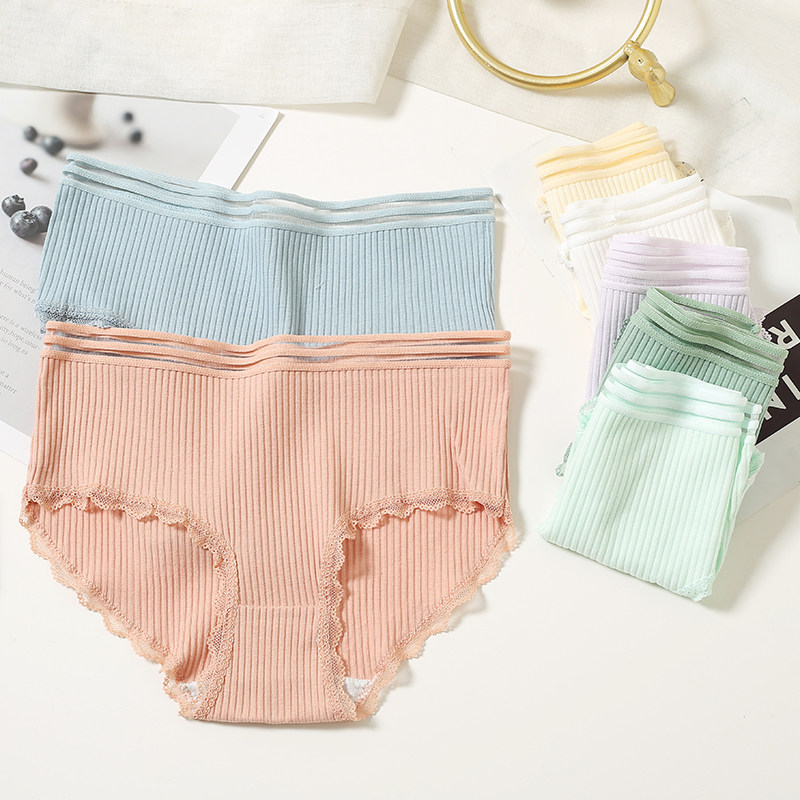 Solid color threaded cotton women's panties bag hip mid-waist simple vertical stripes wide-brimmed large size briefs refreshing breathable sexy