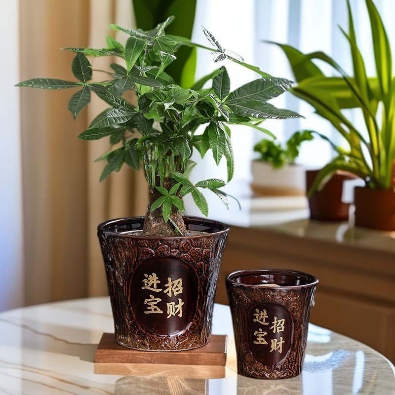 Chinese-Style Classical Tree Stump-Shaped Money Tree Ceramic Flower Pot, Special Pot for Red Palms and Green Plants, Comes with a Plastic Tray Chinese-Style Classical Tree Stump-Shaped Money Tree Ceramic Flower Pot, Special Pot for Red Palms and Green Plants, Comes with a Plastic Tray