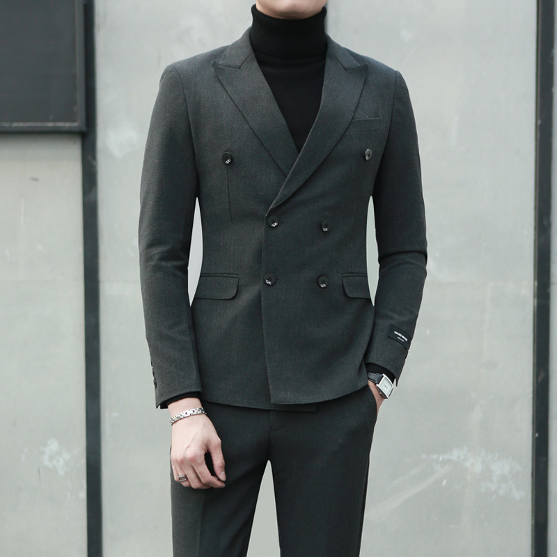 Suit male youth Korean version of casual slim double-breasted men's suit suit business formal British style two-piece suit