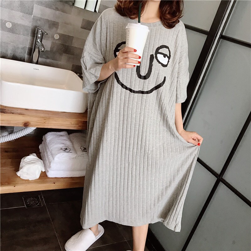 Summer thin cotton nightdress Korean version loose large version plus size pajamas for women Sweet cartoon long skirt can be worn outside